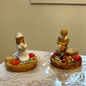 Vintage House Of Lloyd Ceramic Praying Pilgrim Boy & Girl Taper Candle Holders